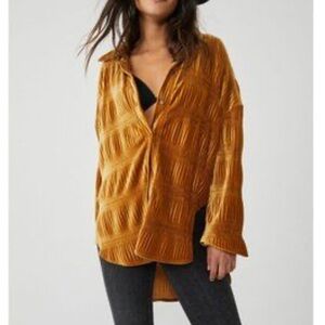 Beautiful Bohemian Free People Velvet Button Up Collared Shirt in Cali Gold